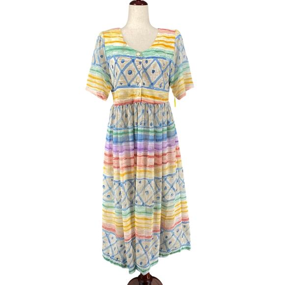 Two Potato Laguna Beach Dresses & Skirts - Vtg NOS 90s Two Potato Artsy Watercolor A Line Midi Dress M Petite Sheer Pastel